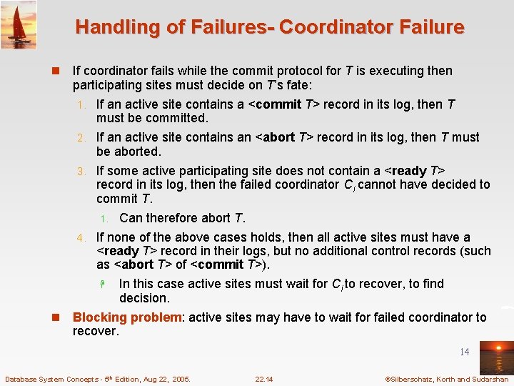 Handling of Failures- Coordinator Failure If coordinator fails while the commit protocol for T