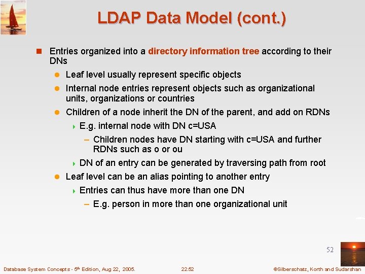 LDAP Data Model (cont. ) n Entries organized into a directory information tree according