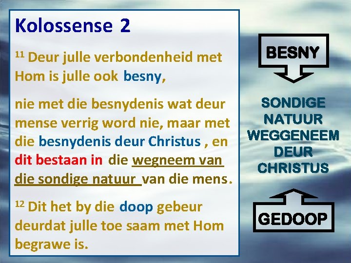 Kolossense 2 11 Deur julle verbondenheid met Hom is julle ook besny, BESNY SONDIGE