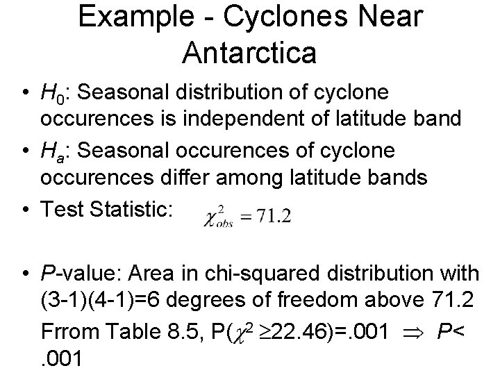 Example - Cyclones Near Antarctica • H 0: Seasonal distribution of cyclone occurences is