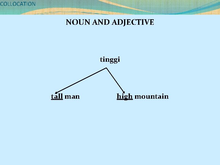 COLLOCATION NOUN AND ADJECTIVE tinggi tall man high mountain 