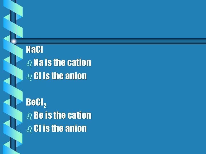 Na. Cl b Na is the cation b Cl is the anion Be. Cl