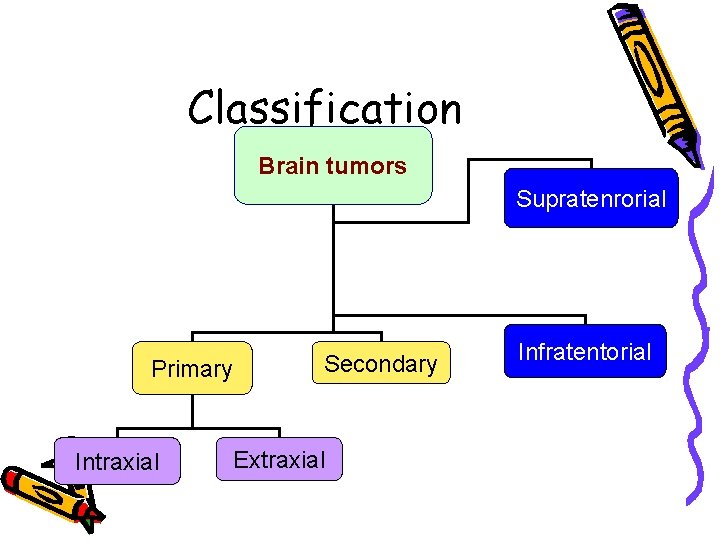 Classification Brain tumors Supratenrorial Primary Intraxial Secondary Extraxial Infratentorial 