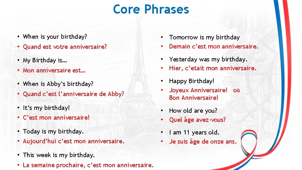 Core Phrases • When is your birthday? • Quand est votre anniversaire? • My