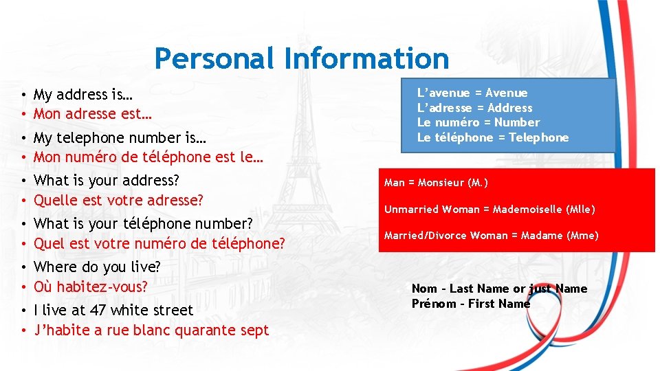Personal Information • My address is… • Mon adresse est… • My telephone number
