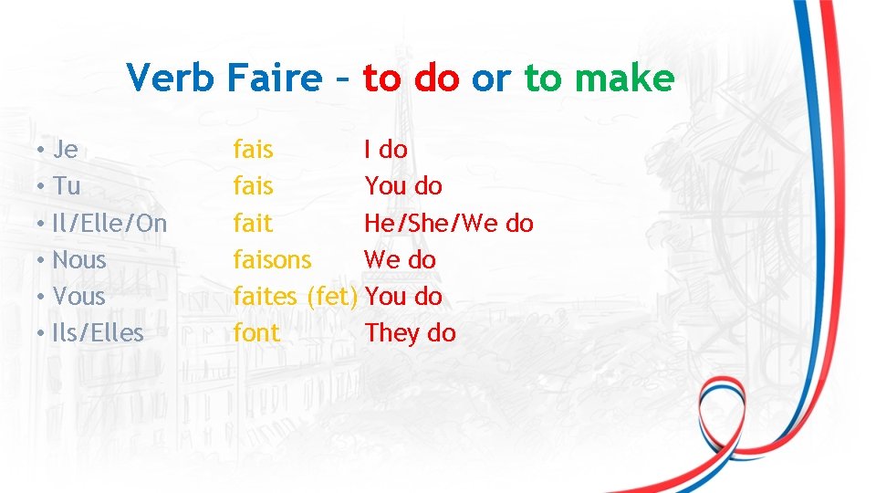 Verb Faire – to do or to make • Je • Tu • Il/Elle/On