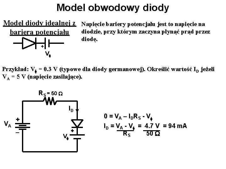 Model obwodowy diody Model diody idealnej z Napięcie bariery potencjału jest to napięcie na