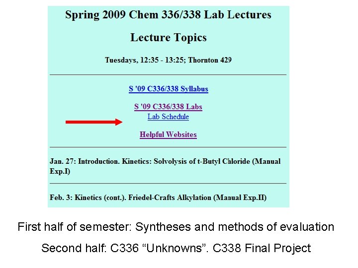 First half of semester: Syntheses and methods of evaluation Second half: C 336 “Unknowns”.