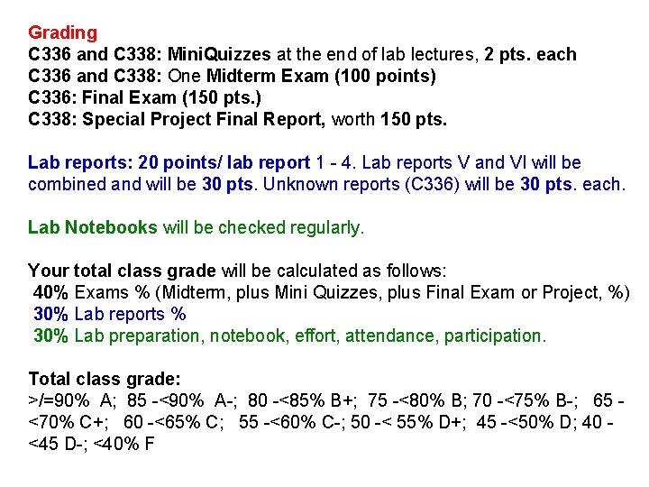 Grading C 336 and C 338: Mini. Quizzes at the end of lab lectures,