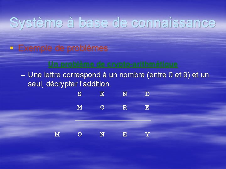 Système à base de connaissance § Exemple de problèmes Un problème de crypto-arithmétique –