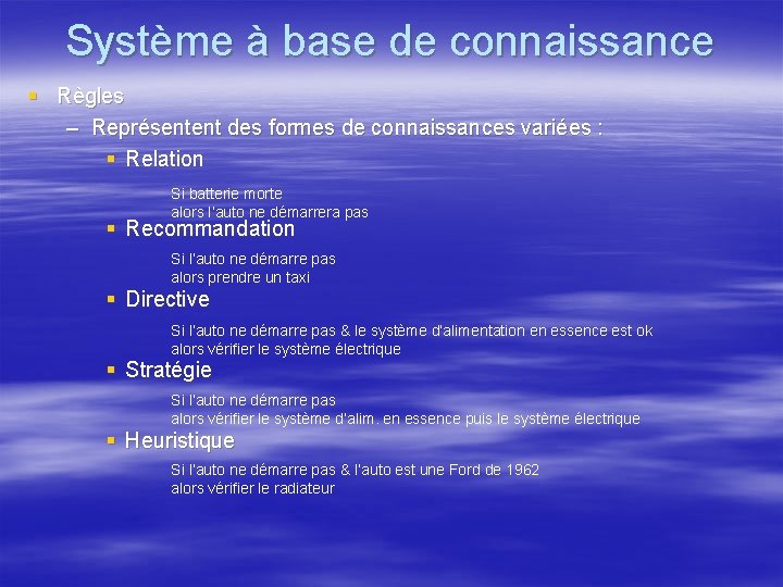 Système à base de connaissance § Règles – Représentent des formes de connaissances variées