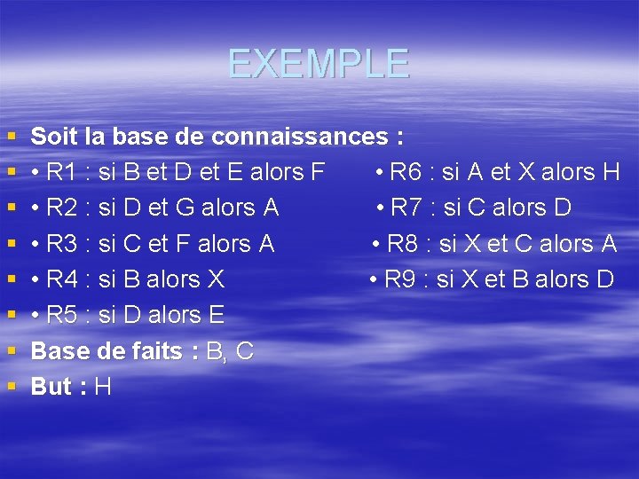 EXEMPLE § § § § Soit la base de connaissances : • R 1