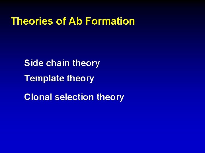 Theories of Ab Formation Side chain theory Template theory Clonal selection theory 