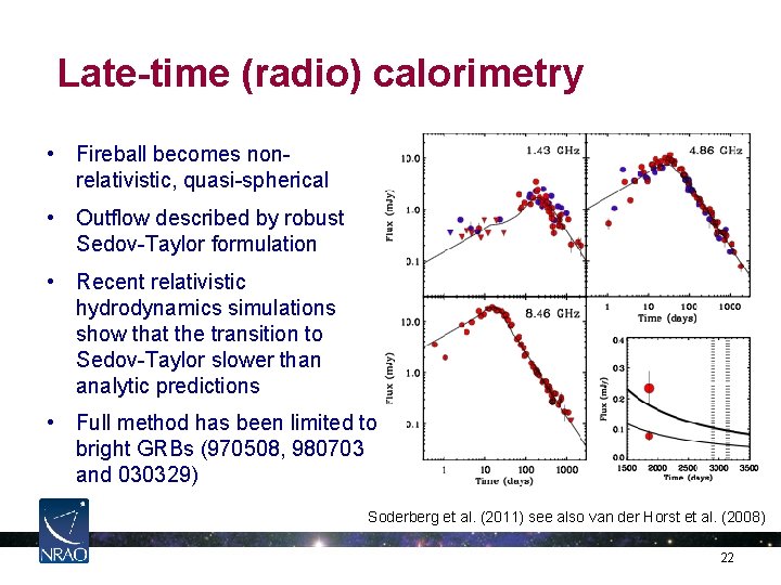 Late-time (radio) calorimetry • Fireball becomes nonrelativistic, quasi-spherical • Outflow described by robust Sedov-Taylor