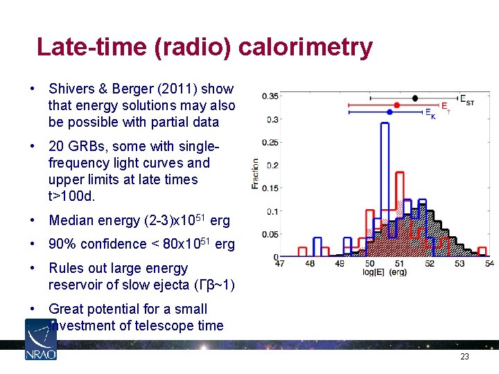 Late-time (radio) calorimetry • Shivers & Berger (2011) show that energy solutions may also