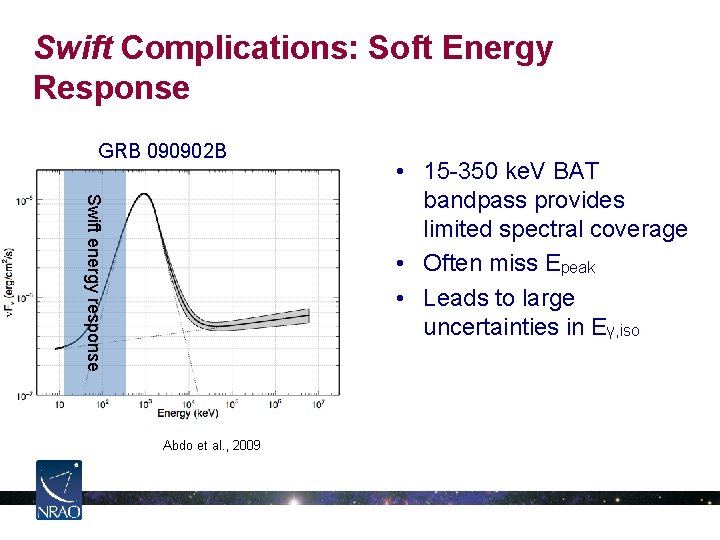 Swift Complications: Soft Energy Response GRB 090902 B Swift energy response Abdo et al.
