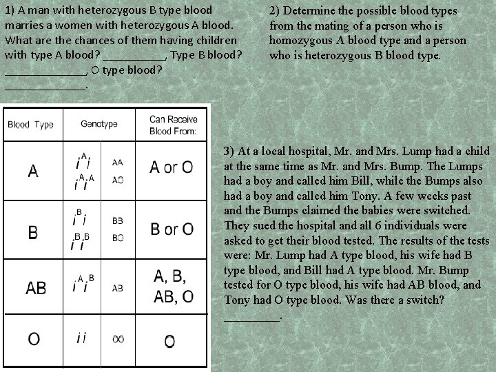 1) A man with heterozygous B type blood marries a women with heterozygous A