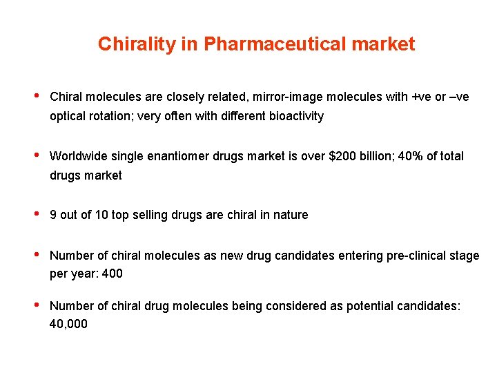 Chirality in Pharmaceutical market • Chiral molecules are closely related, mirror-image molecules with +ve