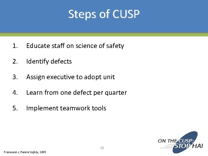 Steps of CUSP 1. Educate staff on science of safety 2. Identify defects 3.