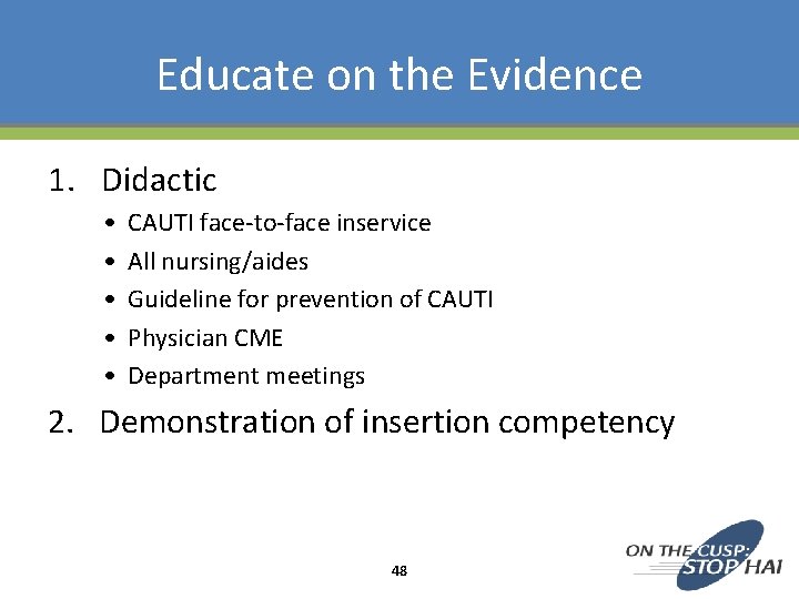 Educate on the Evidence 1. Didactic • • • CAUTI face-to-face inservice All nursing/aides