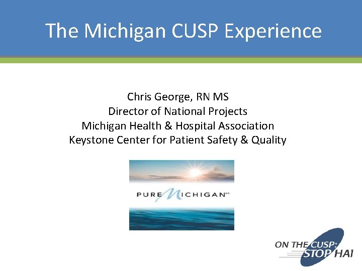 The Michigan CUSP Experience Chris George, RN MS Director of National Projects Michigan Health