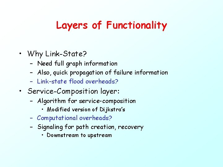 Layers of Functionality • Why Link-State? – Need full graph information – Also, quick