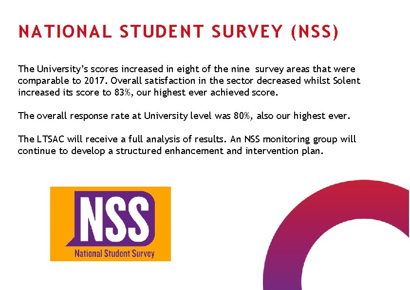 NATIONAL STUDENT SURVEY (NSS) The University’s scores increased in eight of the nine survey