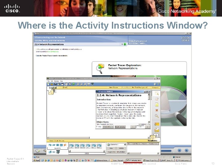 Where is the Activity Instructions Window? Packet Tracer 4. 1: Intermediate Session © 2007