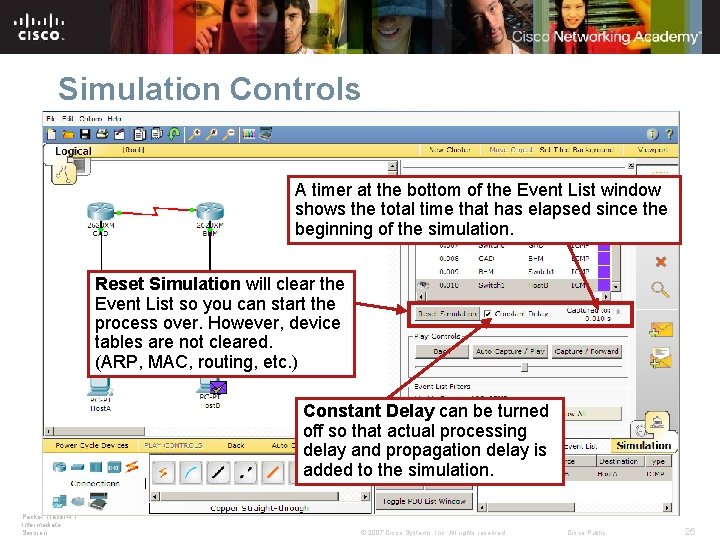 Simulation Controls A timer at the bottom of the Event List window shows the