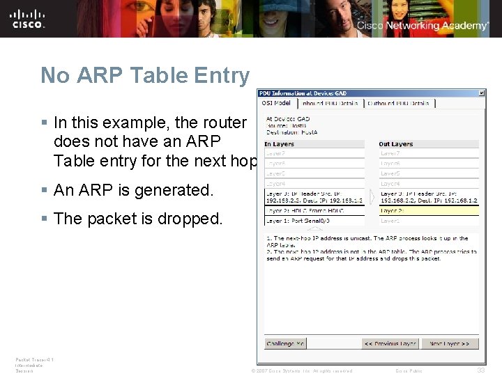 No ARP Table Entry § In this example, the router does not have an