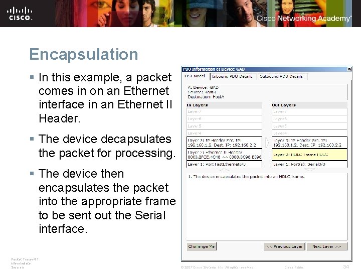 Encapsulation § In this example, a packet comes in on an Ethernet interface in