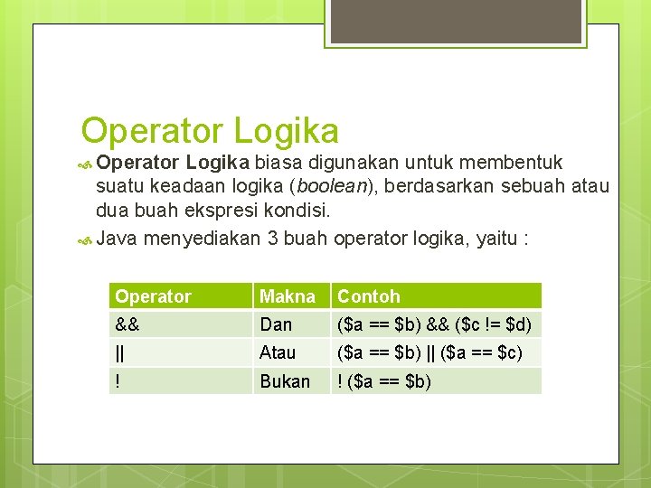 Operator Logika biasa digunakan untuk membentuk suatu keadaan logika (boolean), berdasarkan sebuah atau dua