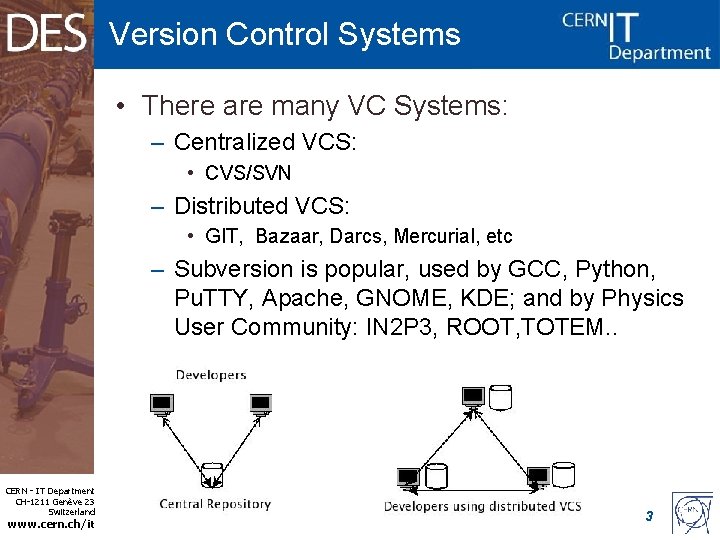 Version Control Systems • There are many VC Systems: – Centralized VCS: • CVS/SVN