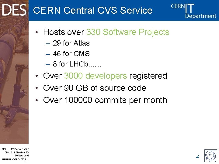 CERN Central CVS Service • Hosts over 330 Software Projects – 29 for Atlas