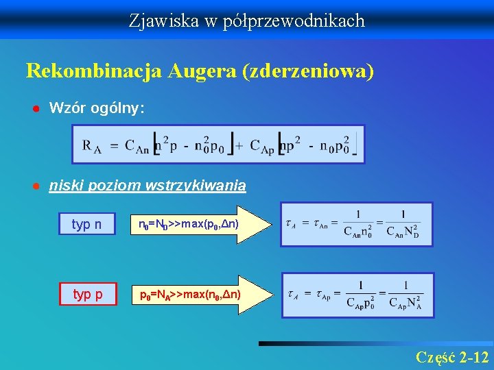 Zjawiska w półprzewodnikach Rekombinacja Augera (zderzeniowa) ● Wzór ogólny: ● niski poziom wstrzykiwania typ