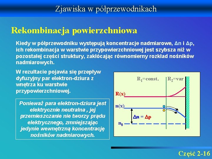 Zjawiska w półprzewodnikach Rekombinacja powierzchniowa Kiedy w półprzewodniku występują koncentracje nadmiarowe, Δn i Δp,