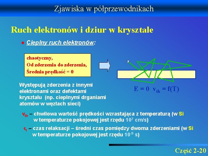 Zjawiska w półprzewodnikach Ruch elektronów i dziur w krysztale ● Cieplny ruch elektronów: chaotyczny,