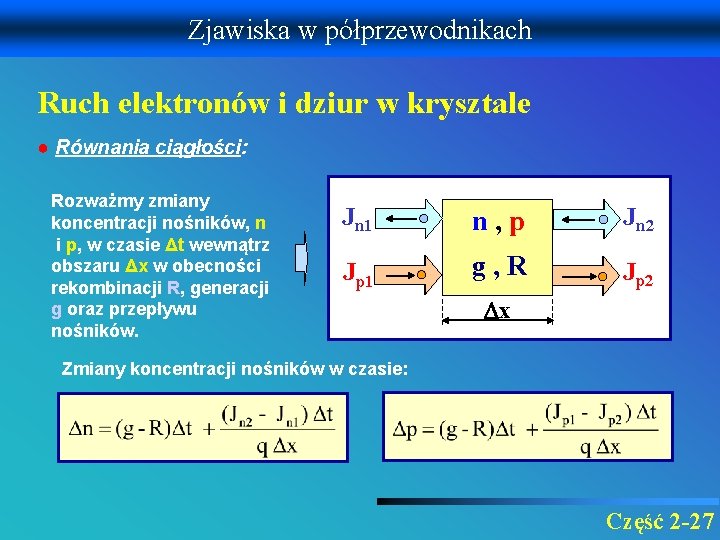 Zjawiska w półprzewodnikach Ruch elektronów i dziur w krysztale ● Równania ciągłości: Rozważmy zmiany