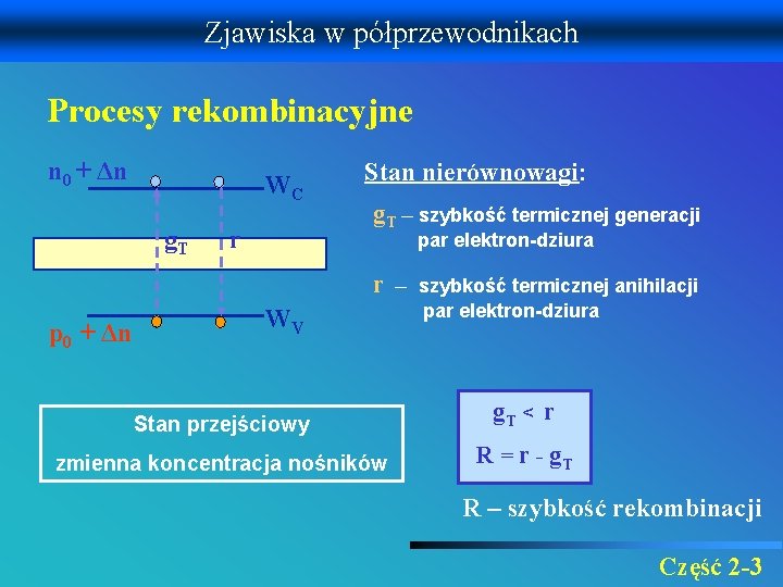 Zjawiska w półprzewodnikach Procesy rekombinacyjne n 0 + Δn WC g. T r Stan