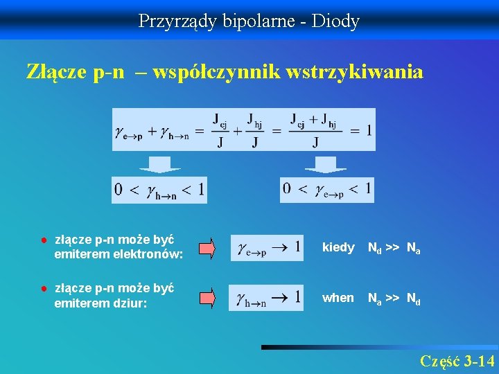 Przyrządy bipolarne - Diody Złącze p-n – współczynnik wstrzykiwania ● złącze p-n może być