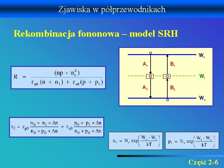 Zjawiska w półprzewodnikach Rekombinacja fononowa – model SRH Wc A 1 B 1 Wt
