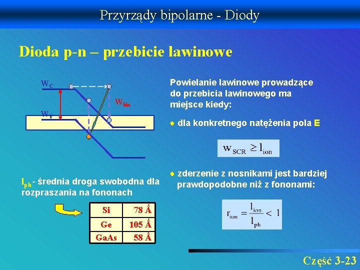 Przyrządy bipolarne - Diody Dioda p-n – przebicie lawinowe Powielanie lawinowe prowadzące do przebicia