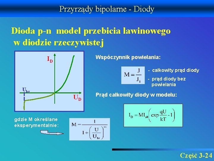 Przyrządy bipolarne - Diody Dioda p-n model przebicia lawinowego w diodzie rzeczywistej Wspóczynnik powielania: