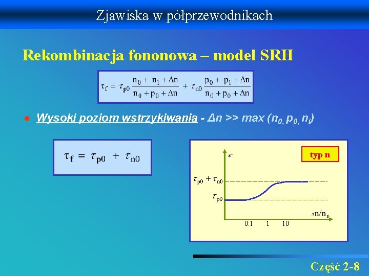 Zjawiska w półprzewodnikach Rekombinacja fononowa – model SRH ● Wysoki poziom wstrzykiwania - Δn