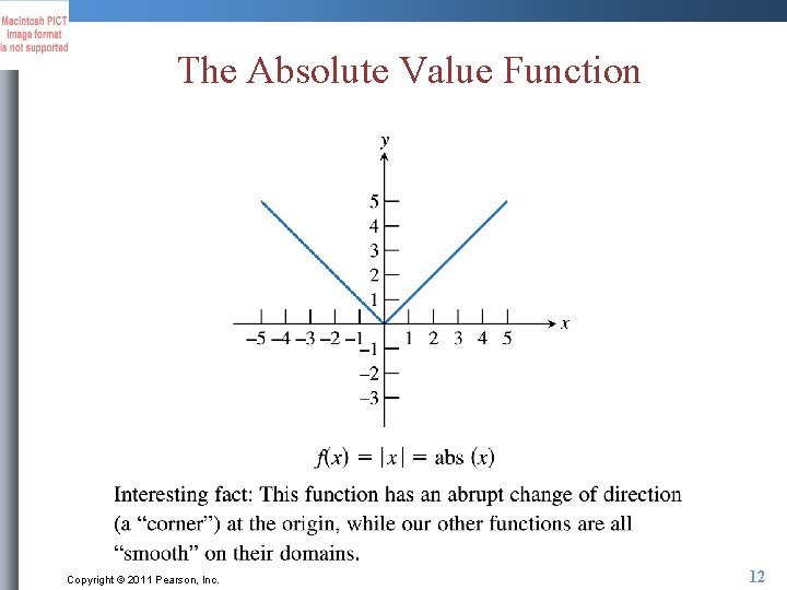 The Absolute Value Function Copyright © 2011 Pearson, Inc. 12 