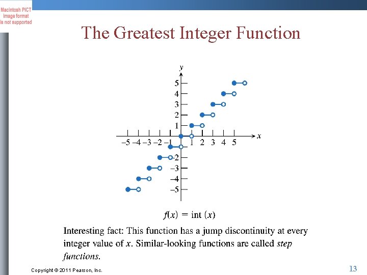 The Greatest Integer Function Copyright © 2011 Pearson, Inc. 13 