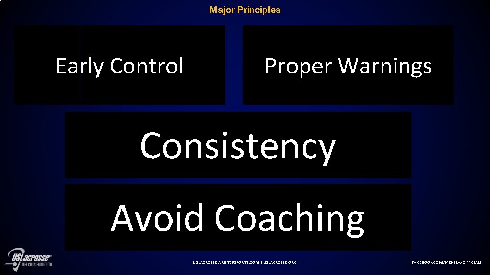 Major Principles Early Control Proper Warnings Consistency Avoid Coaching USLACROSSE. ARBITERSPORTS. COM | USLACROSSE.