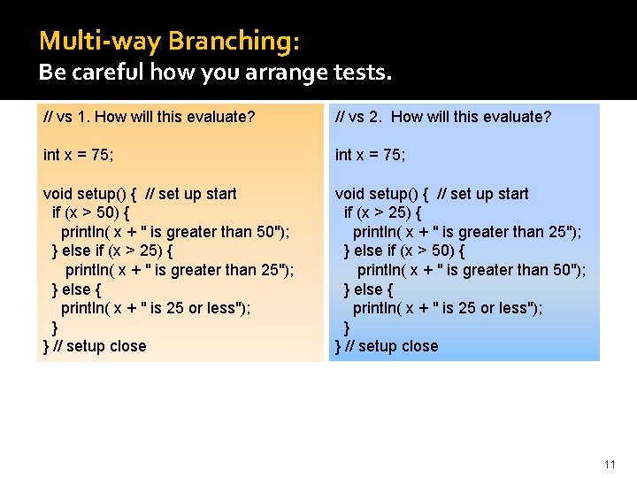 Multi-way Branching: Be careful how you arrange tests. // vs 1. How will this