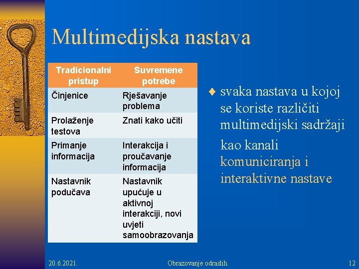 Multimedijska nastava Tradicionalni pristup Suvremene potrebe Činjenice Rješavanje problema Prolaženje testova Znati kako učiti