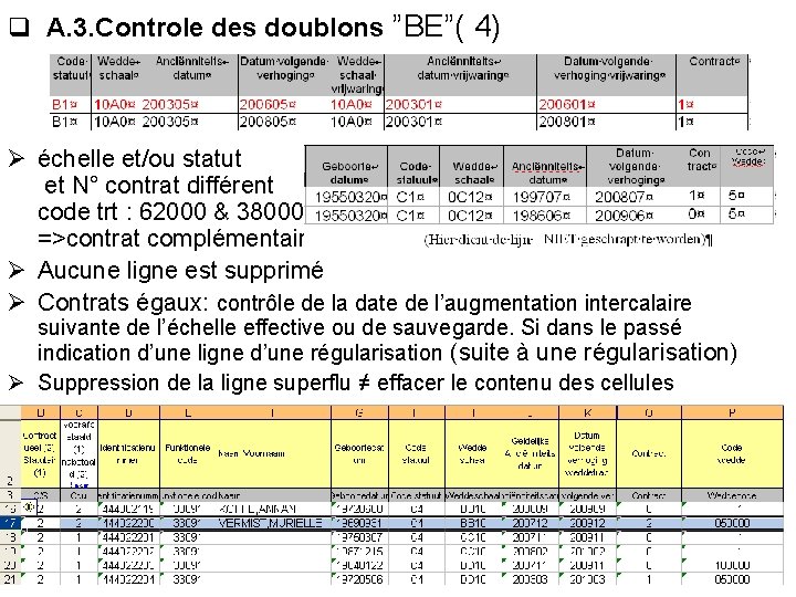 q A. 3. Controle des doublons ”BE”( 4) Ø échelle et/ou statut et N°